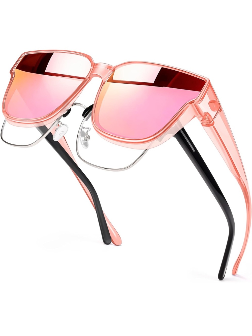 Pink Transparent Frame Fit Over Mirrored Sunglasses - Women